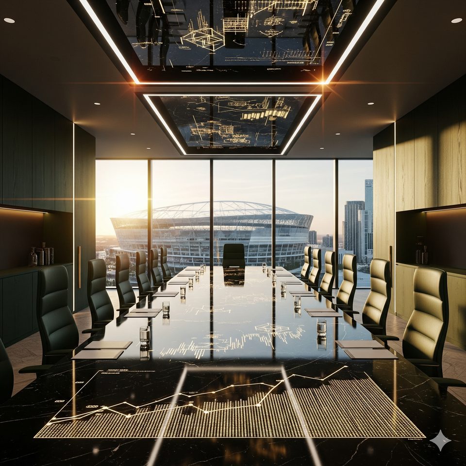 Institutional boardroom overlooking a city skyline at dusk